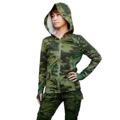 SHENKEL 【サバゲー女子 愛用】 ドライ メッシュ フードパーカー 長袖 指穴 迷彩 ストレッチ Mサイズ (マルチカムトロピック) トレーニングパーカー 軽量 吸湿速乾 レディース 女性 タクティカル           